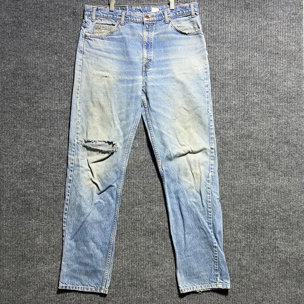 Vintage Levis 505 Jeans Mens 36x34 Blue Orange Tab Distressed Straight Leg Denim